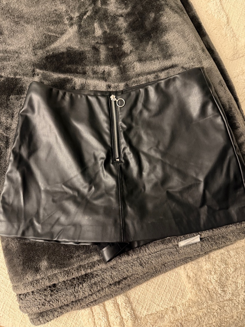 Zara Black Faux Leather Mini Skort with O-Ring Front Zip